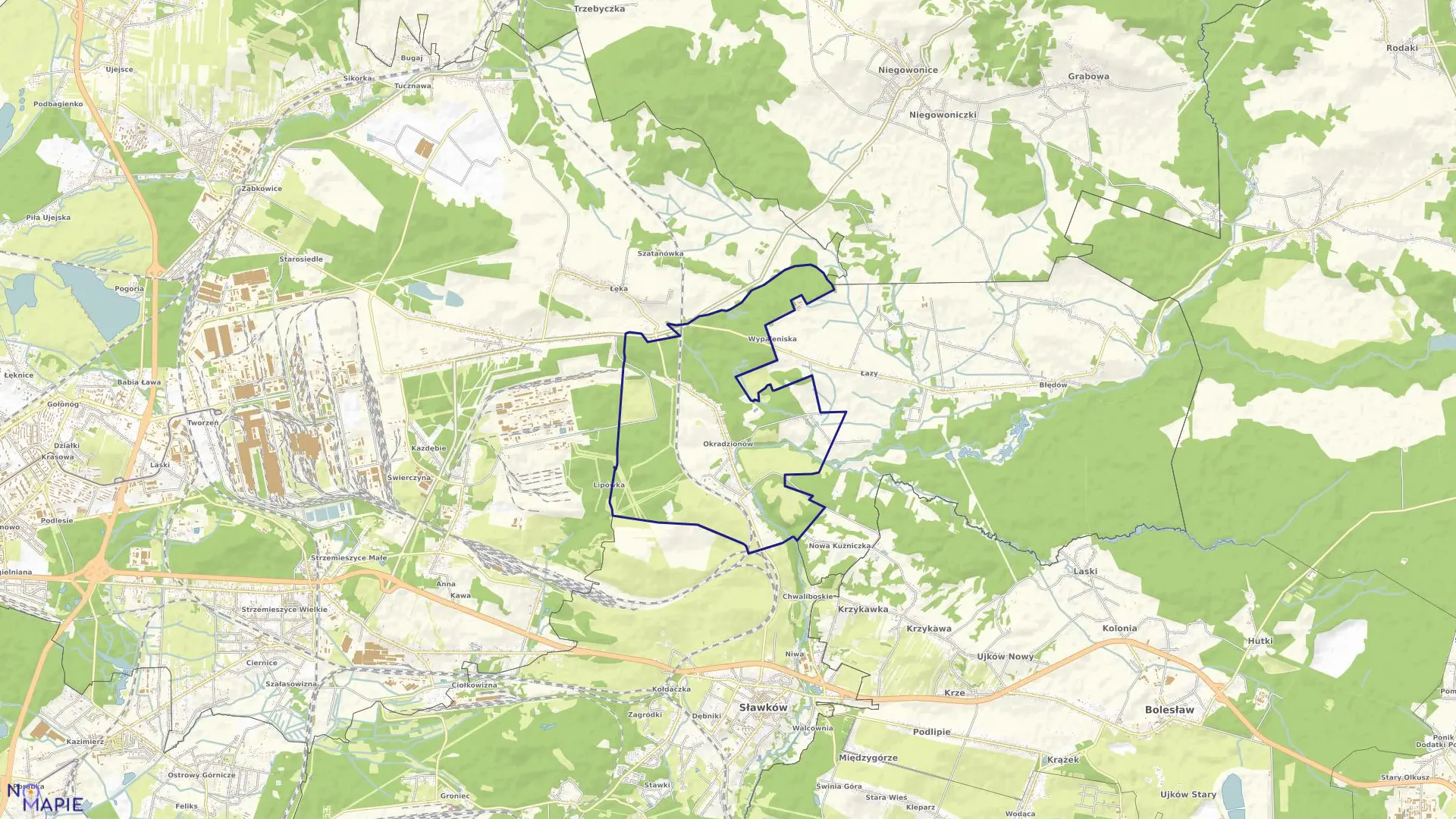 Mapa obrębu Okradzionów w mieście Dąbrowa Górnicza